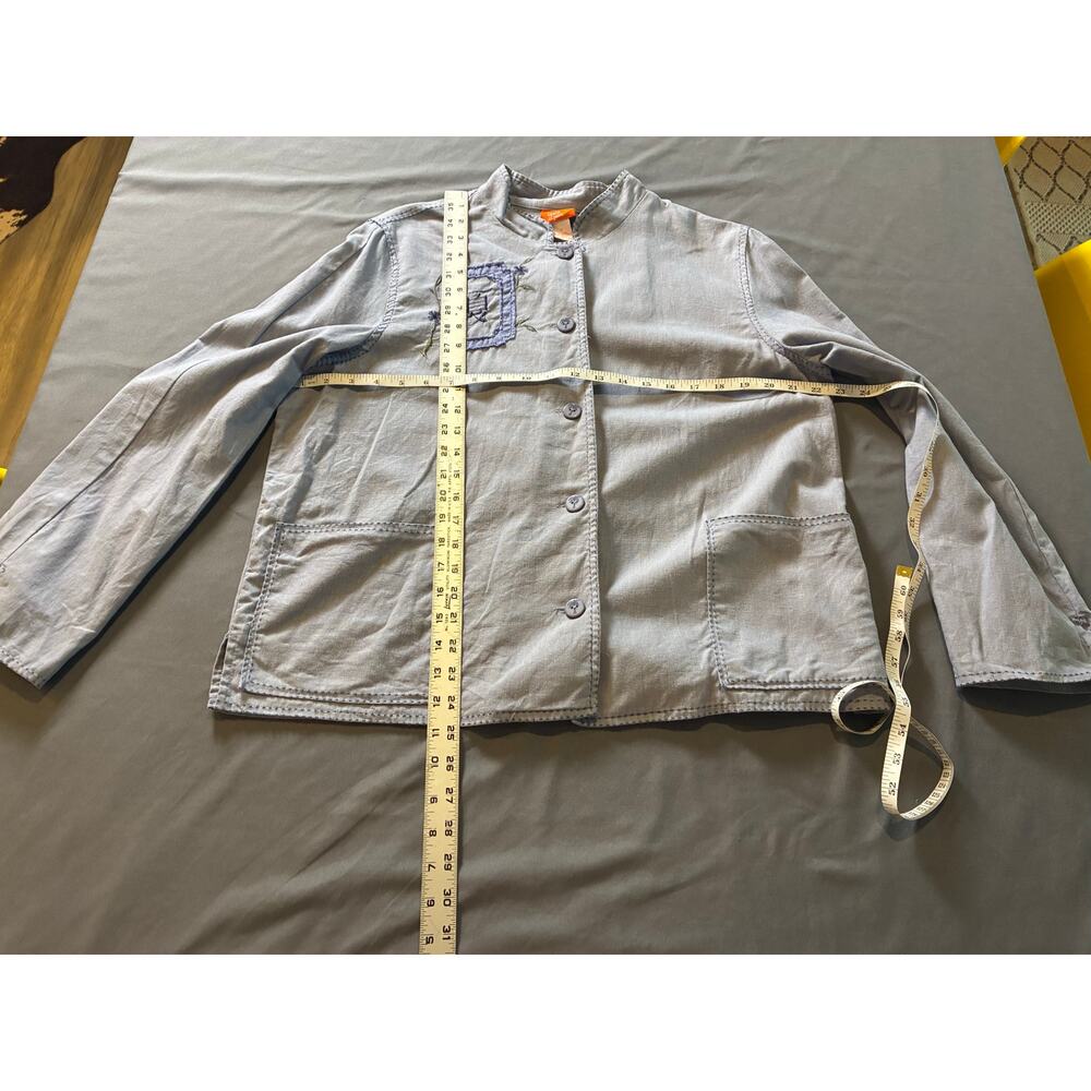 Hearts of Palm Women’s Linen Cotton Jacket Blue Embroidered Back Size 12